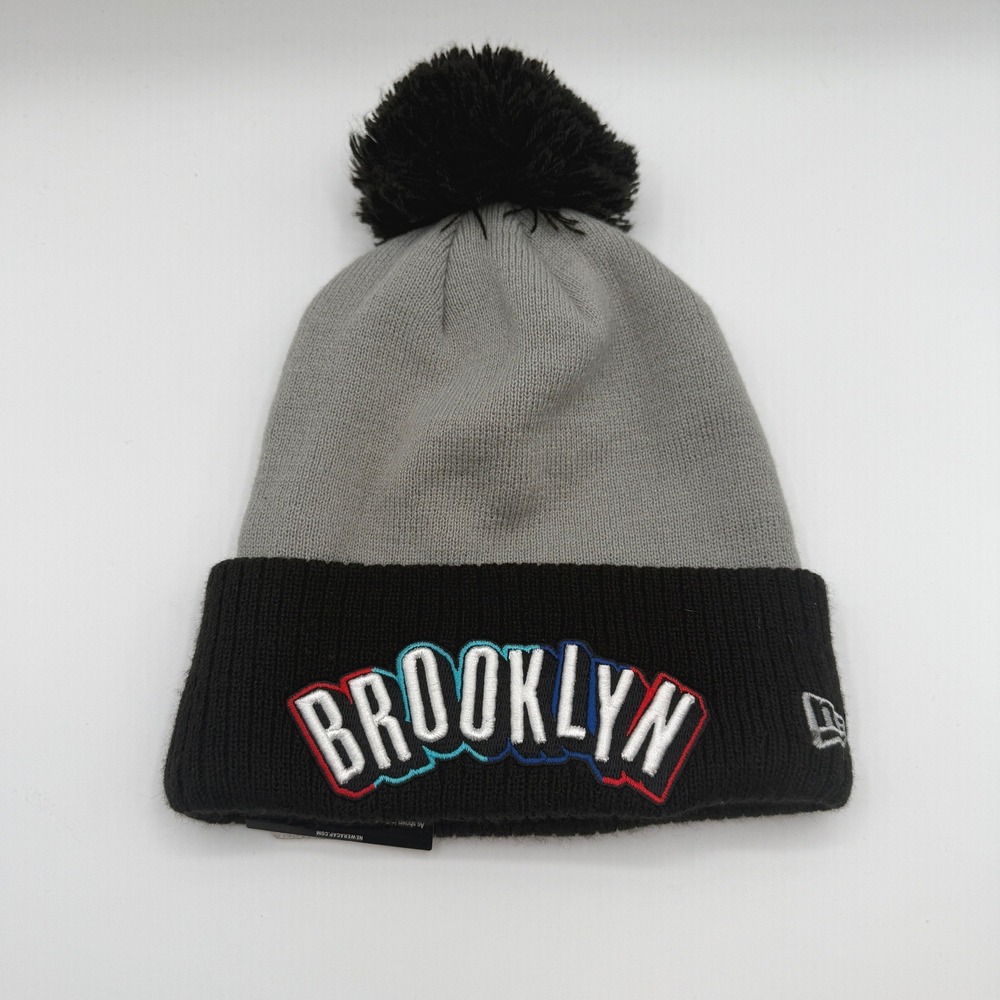 Brooklyn Nets New Era Beanie Youth One Size Gray Pom Knit Hat NBA NEW